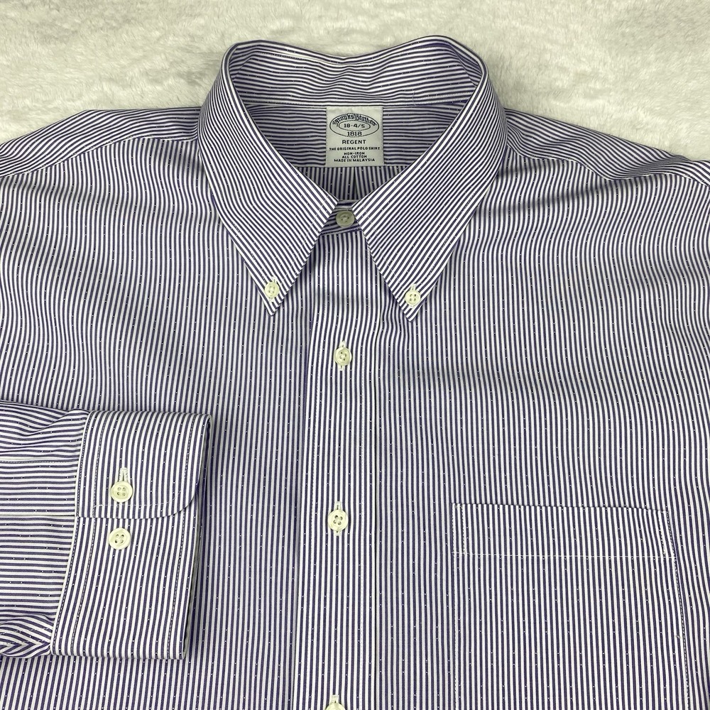 Brooks Brothers Dress Shirt Mens 18-4/5 Purple/White Stripe-Dots Regent No Iron